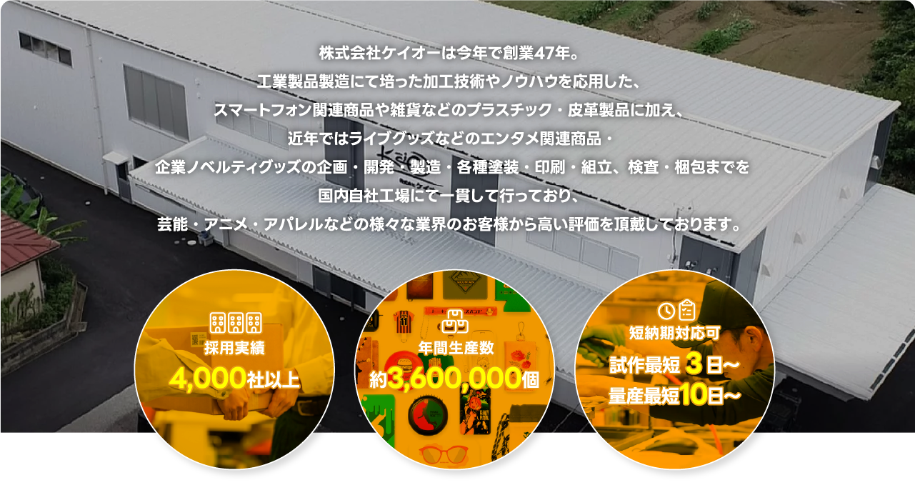 創業47年。国内自社工場にて一貫して行っており、芸能・アニメ・アパレルなど様々な業界から高い評価を得ています。