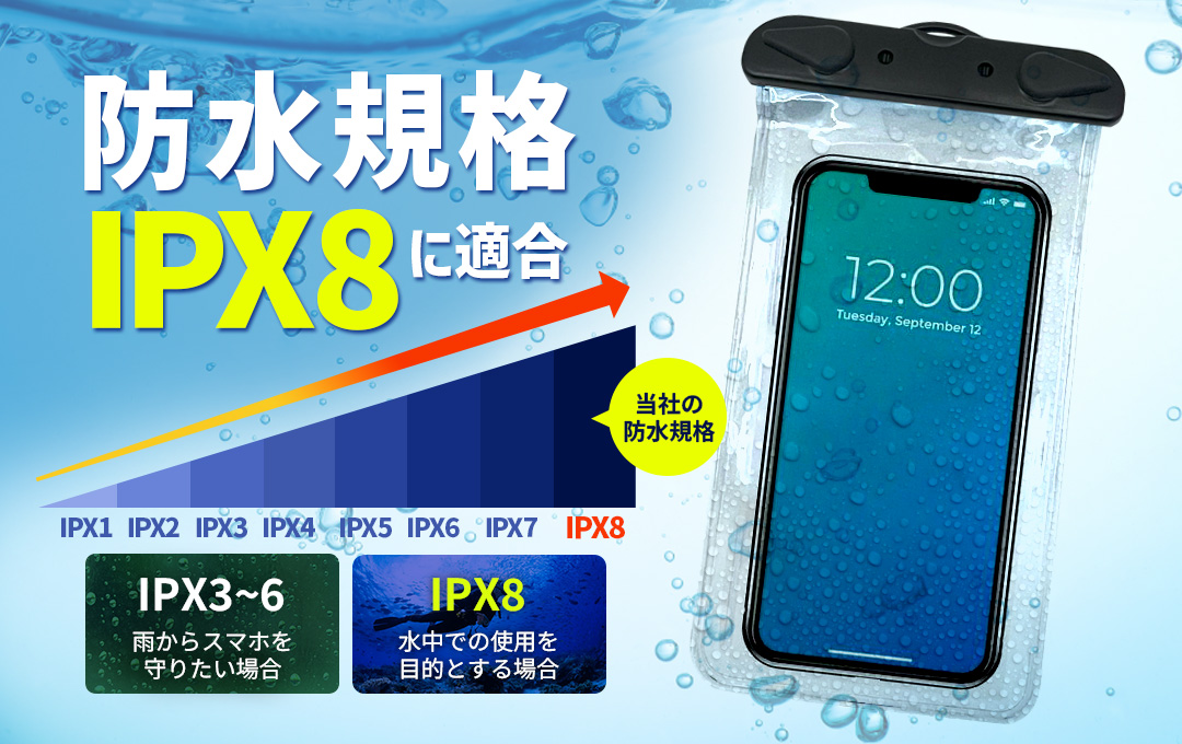 防水レベル最高水準IPX8を取得しています!|オリジナル スマホ防水ソフトケース