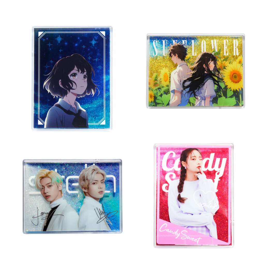 オリジナルグリッターブロックのサンプル画像。可愛くデザインされたグリッターブロックが並べられている。
