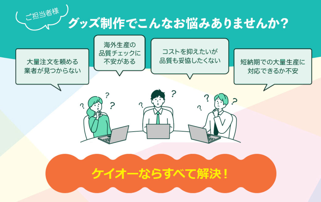 企業担当者が抱えるグッズ制作の課題をまとめた紹介画像。大量注文を依頼できる業者が見つからない、海外生産の品質チェックへの不安、コストを抑えつつ品質も維持したい、短納期での大量生産に対応できるか心配などの悩みを提示し、ケイオーが解決することを示している。