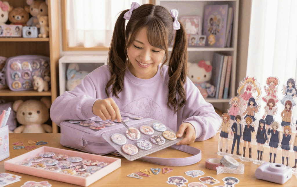 缶バッジを隙間なくきれいに整列させ、アクスタを立体的に配置した痛バッグ内部のクローズアップ