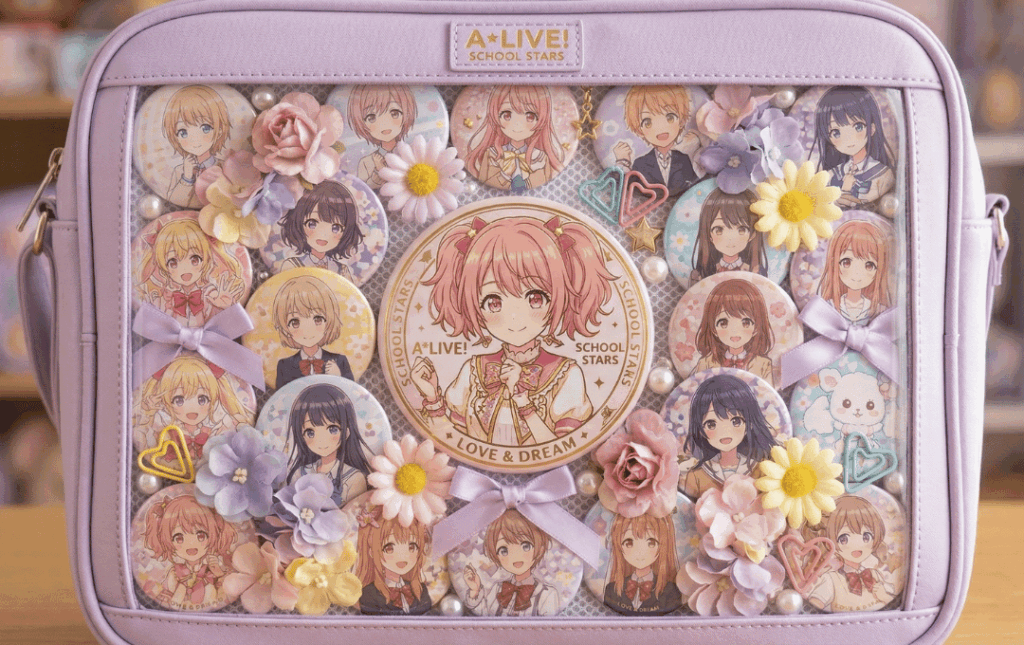 メンカラ（担当カラー）のリボンや造花を使い、世界観を統一してデコレーションされた痛バの例