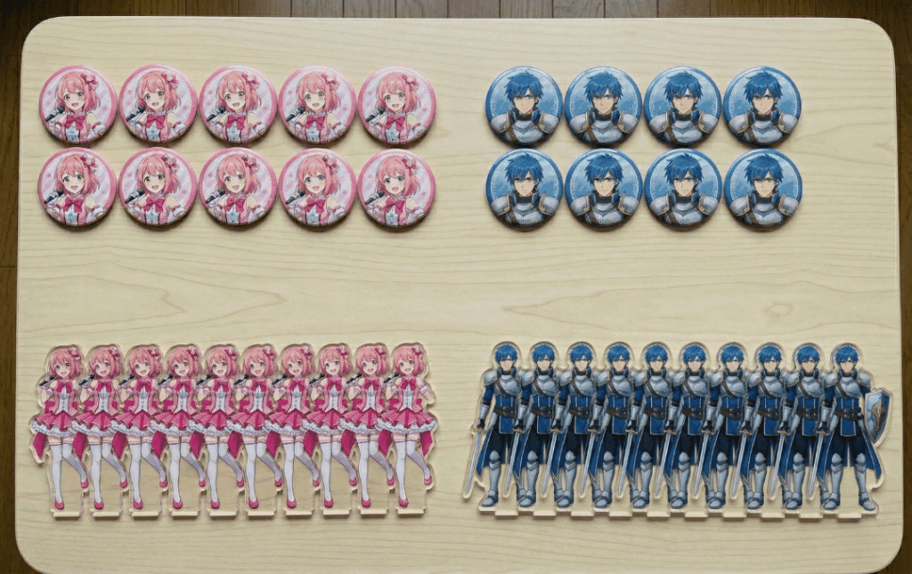 推しの名前や記念日をデザインした、自作のオリジナルアクリルキーホルダーと痛バへの配置イメージ